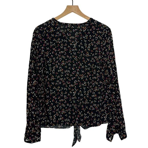 J. Jill Blouse Top Size Small Black Floral Tie Front Split Neck Long Sleeve Boho - Picture 3 of 9